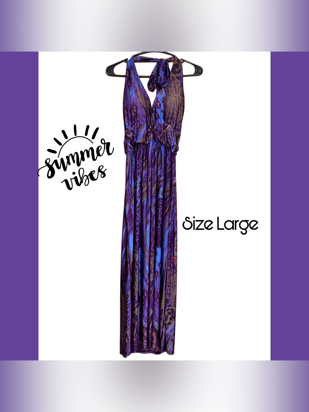 💜 Boutique Purple Halter Maxi Dress Open Back Flowy Resort Vacation Wedding Sz L